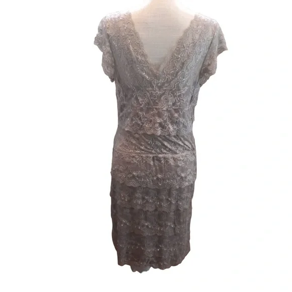Blu Sage Taupe Lace Overlay Floral Sleeveless Double V Midi Slip Dress Sz 14P - Picture 3 of 8